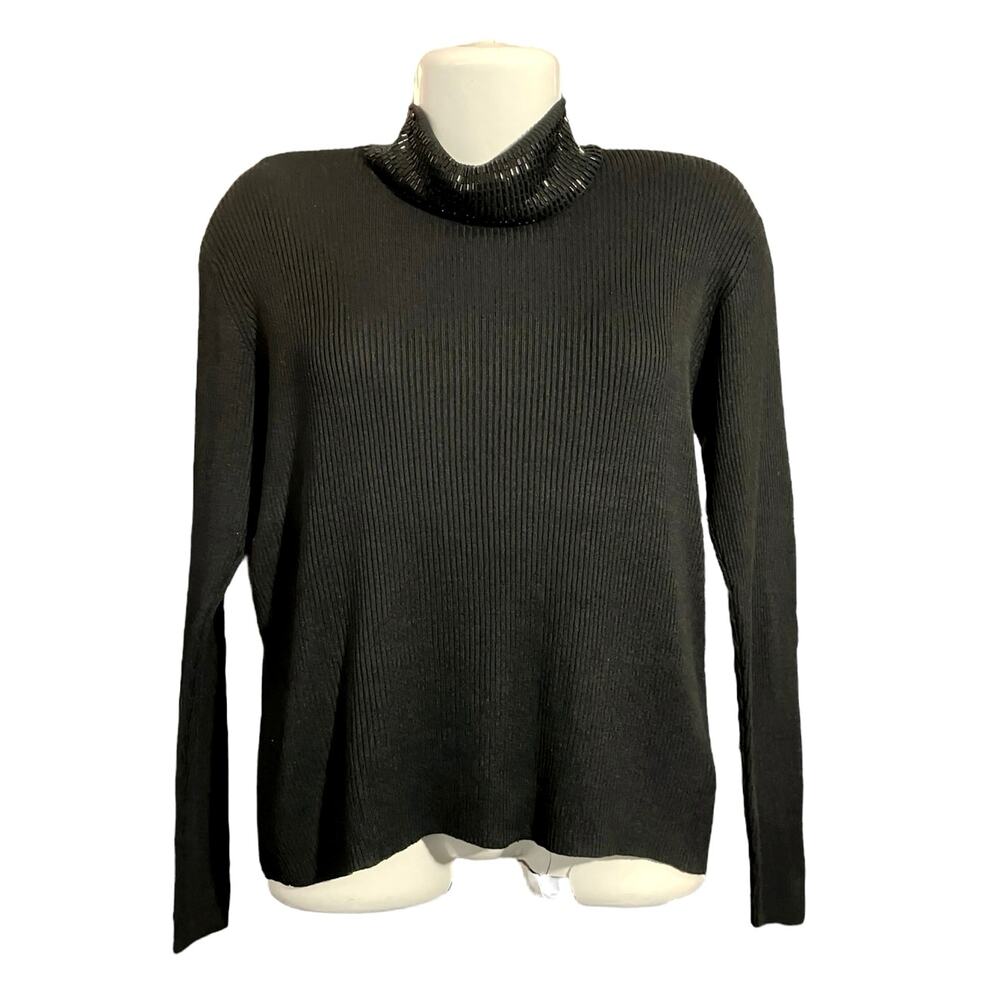 Robert Scott Women's Black 100% Silk Beaded Ribbed Turtleneck Sweater | Size L
